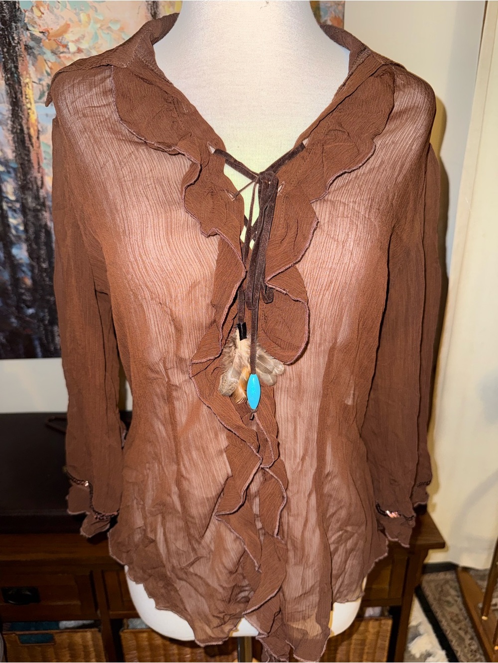 Rinascimento Brown Sheer Ruffle Tie-Front Blouse with Feather Accent
